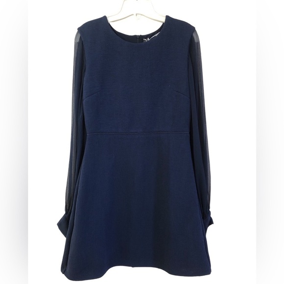 Sportmax Sheer Sleeve Round Neck Navy Blue Mini Dress Fit Flare Medium NWT - Picture 1 of 13